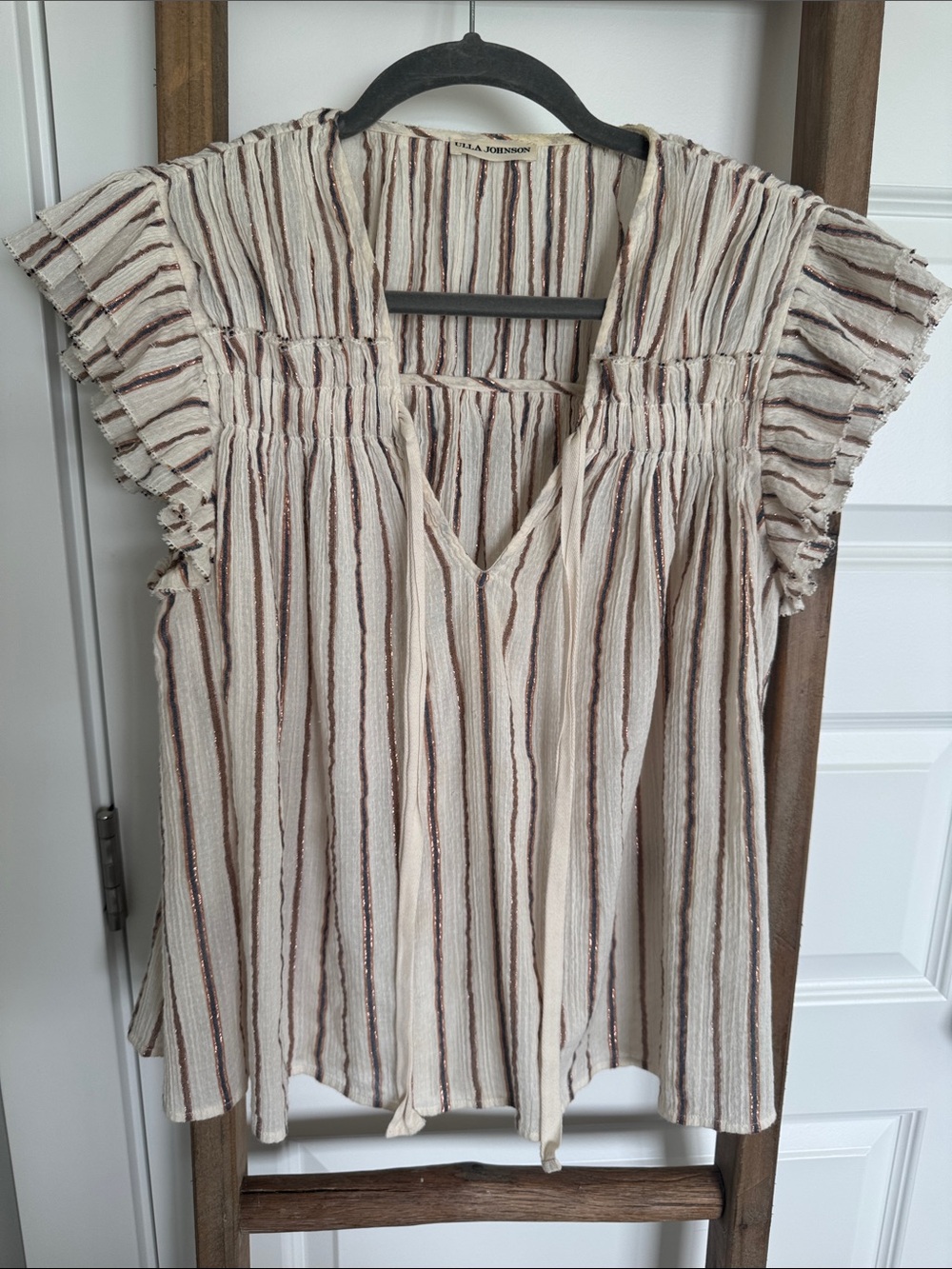 Ulla Johnson Metallic Stripe Ruffle V-Neck Blouse